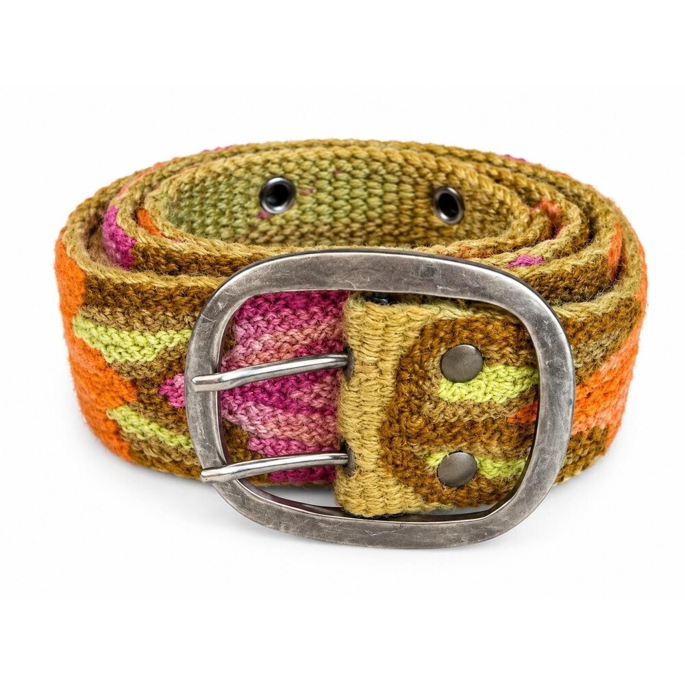 Jenny Krauss Womens Knit Belt L Floral Embroidered Tapestry Wovem Silver Buckle